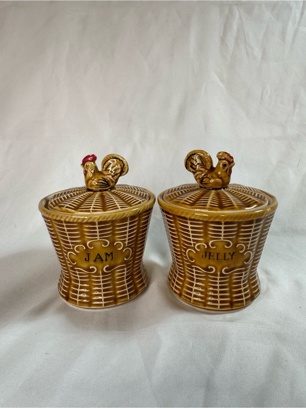 Vintage Weave Rooster Jam & Jelly Pot Set Ceramic Japan Basket Lids w/Spoons